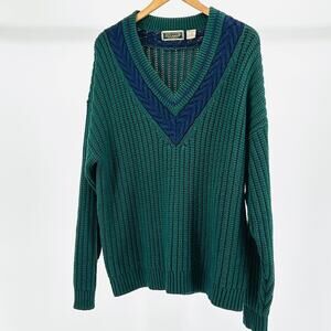 Vintage 90s Ivy Club Green Navy Cable Knit V-Neck Sweater